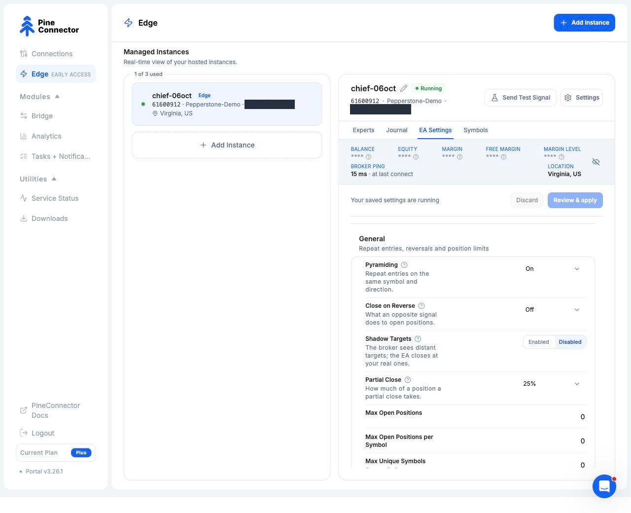 Portal with Edge selected in the sidebar, the demo instance selected, all four tabs and EA Settings open at General