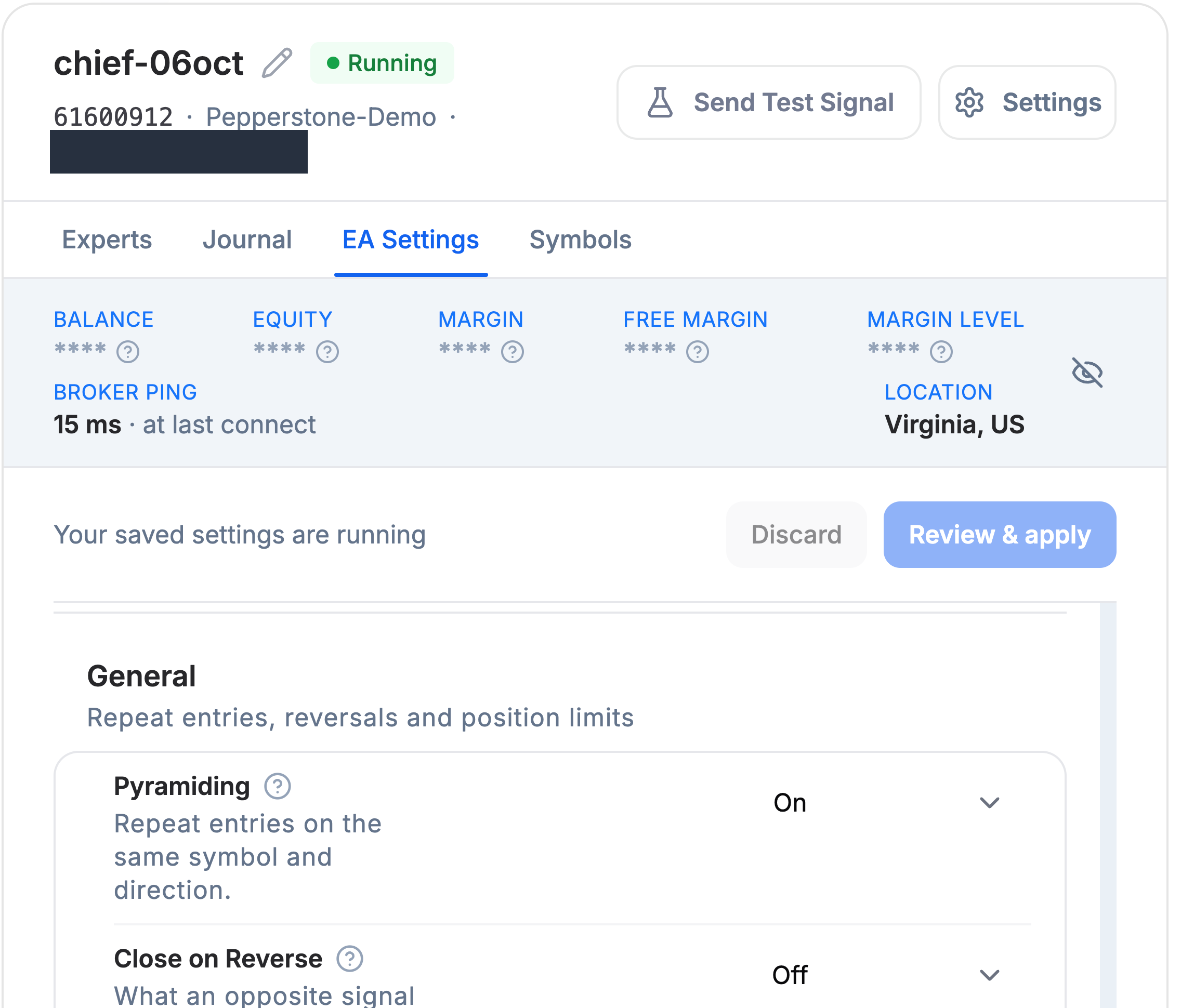 Selected demo instance header, full tab row with EA Settings selected, settings status and General showing Pyramiding On and Close on Reverse Off