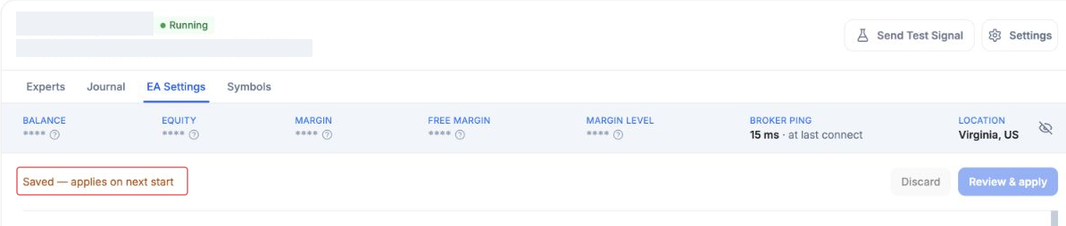 Historical instance header and complete tab row above Saved — applies on next start