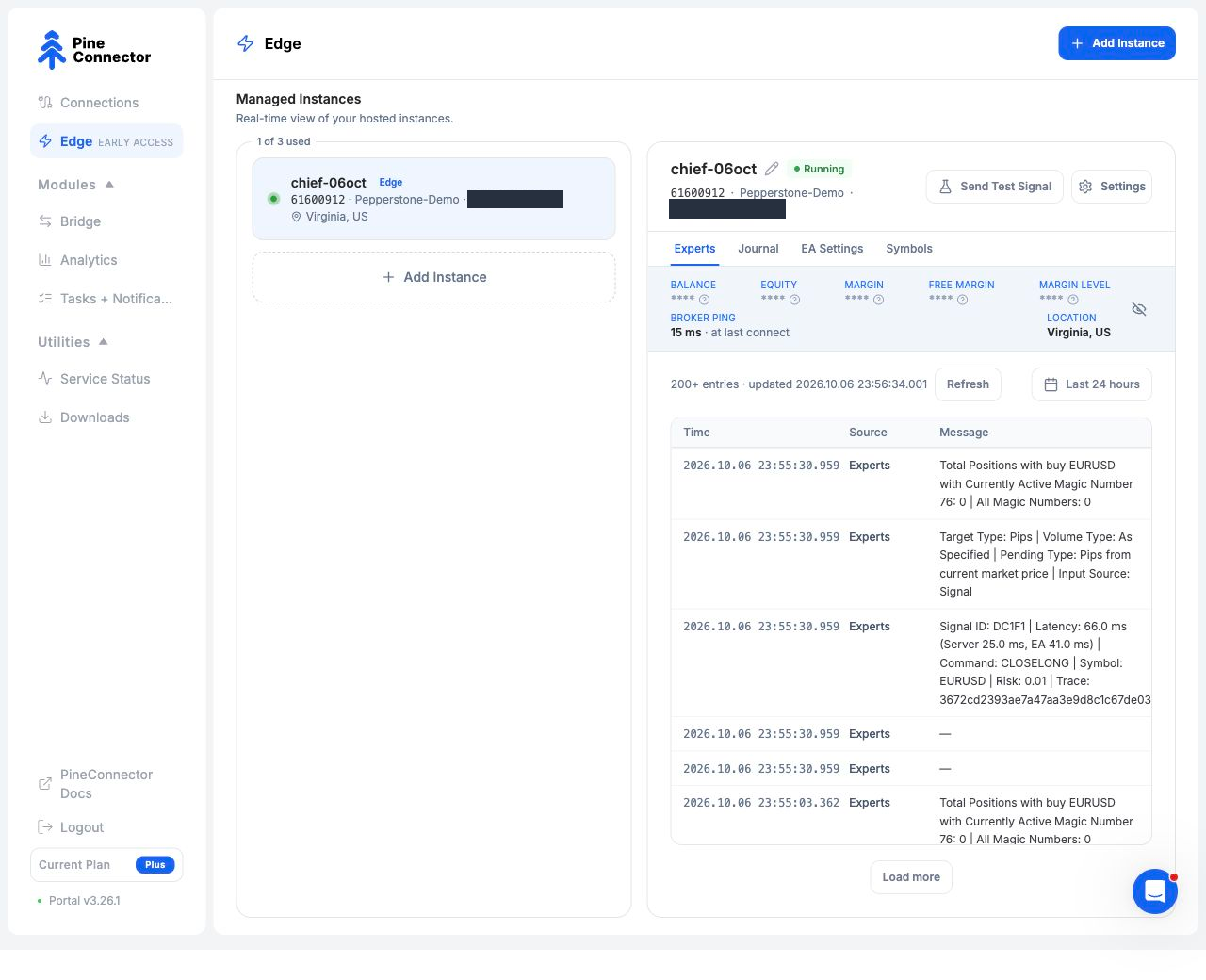 Portal navigation, selected demo instance and Experts tab with date, Refresh and existing EA log entries