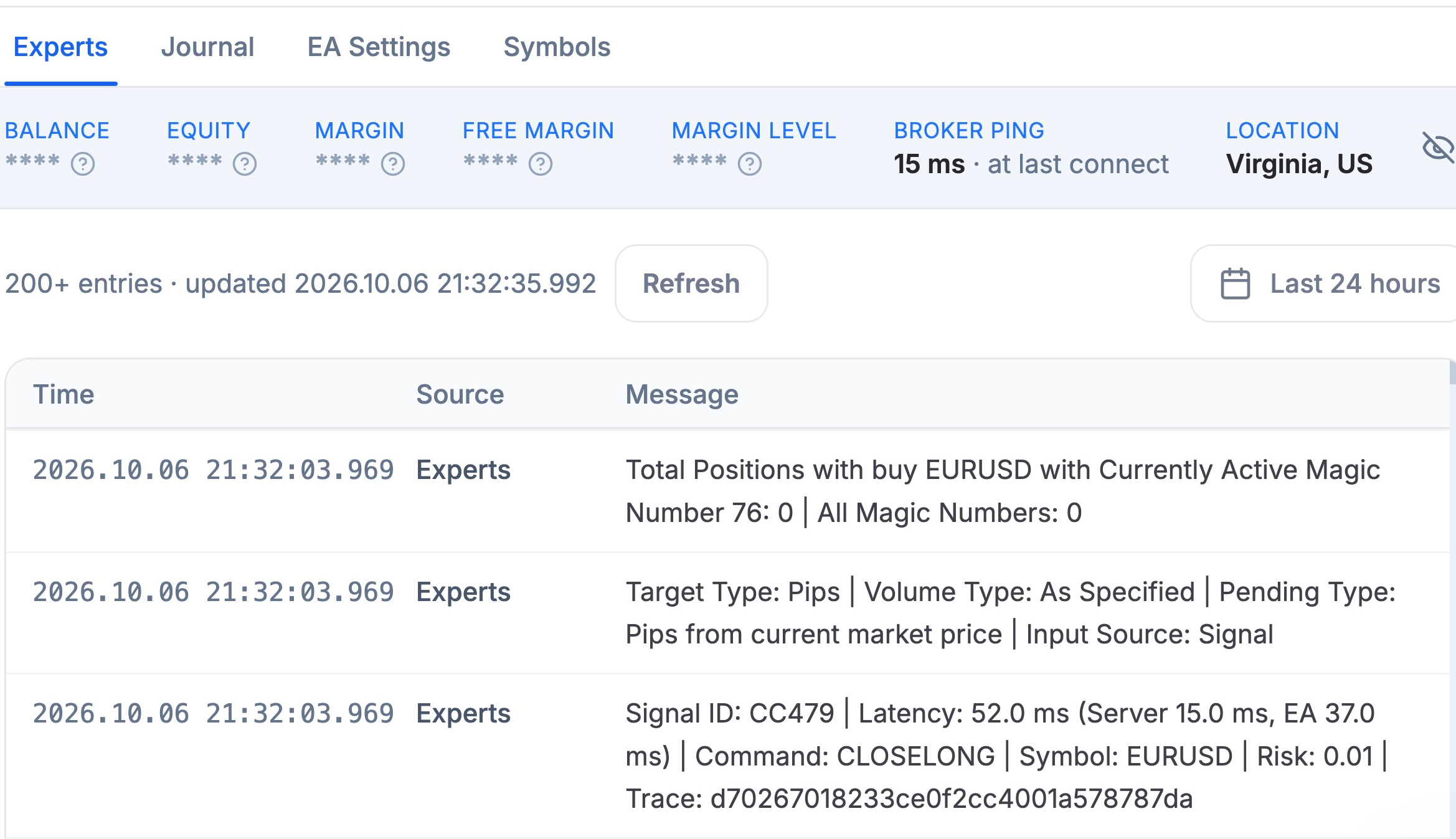 Experts selected with date and Refresh controls, updated time and three existing demo log rows showing position counts, settings and a CLOSELONG signal