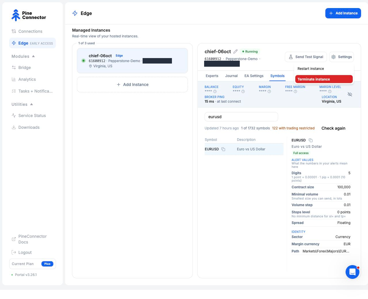 Portal Edge navigation, selected demo instance and open Settings menu showing Restart instance and Terminate instance