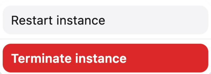 Settings menu showing Restart instance and Terminate instance