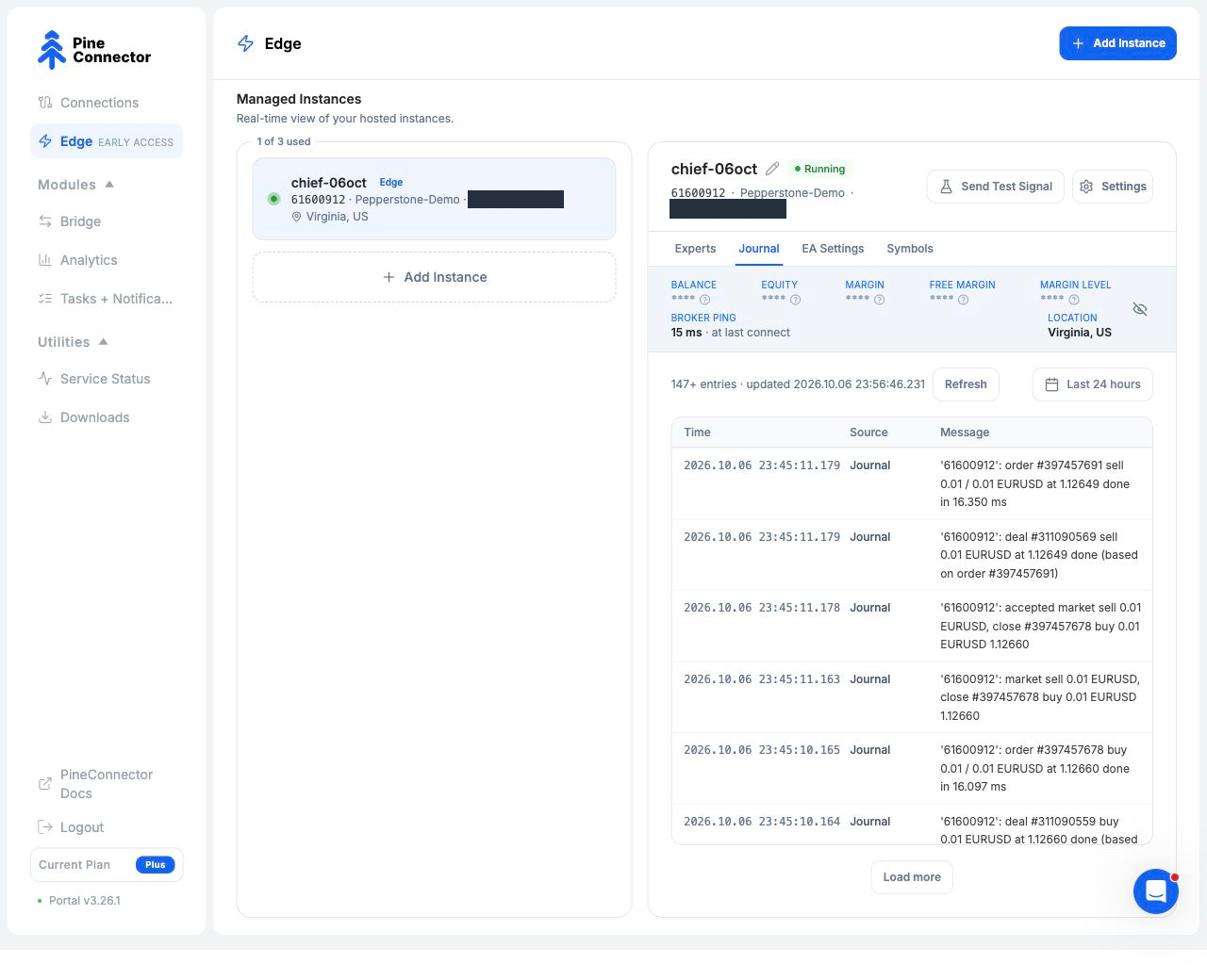 Portal navigation, selected demo instance and Journal tab with date, Refresh and recorded MT5 order messages