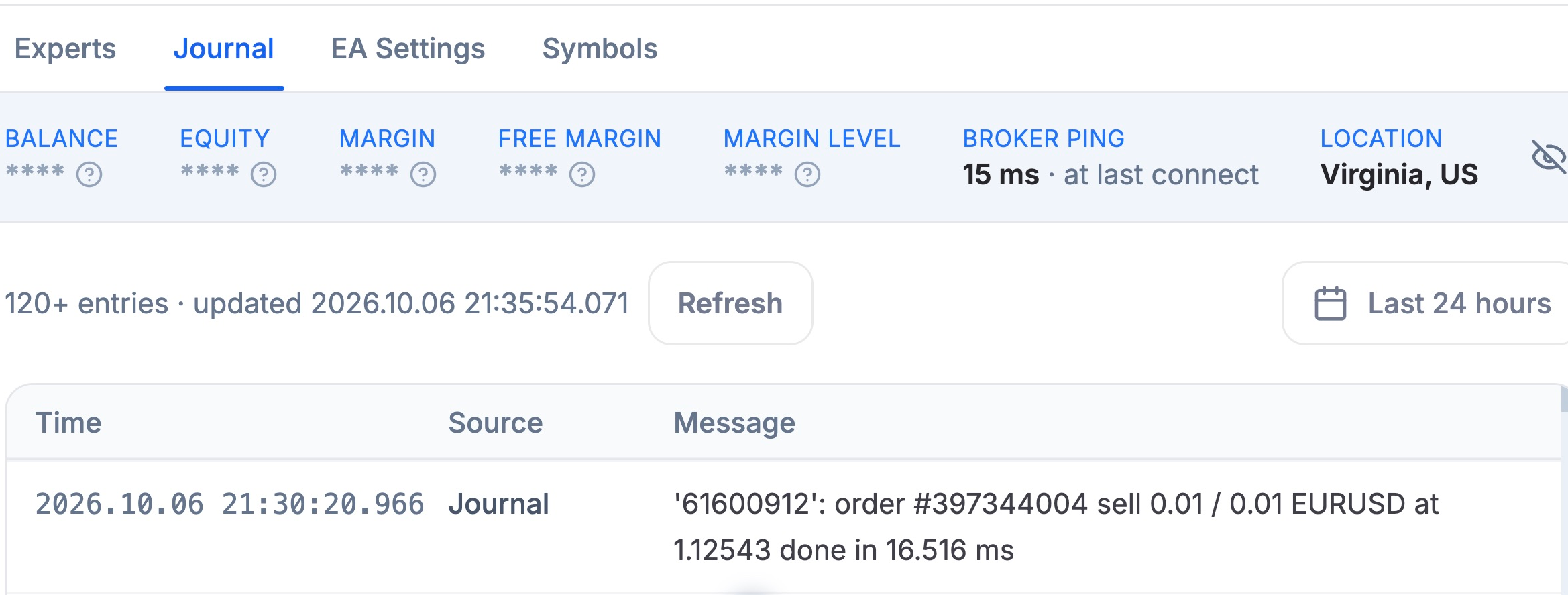 Journal selected with date and Refresh controls and one complete demo order-result row for EURUSD