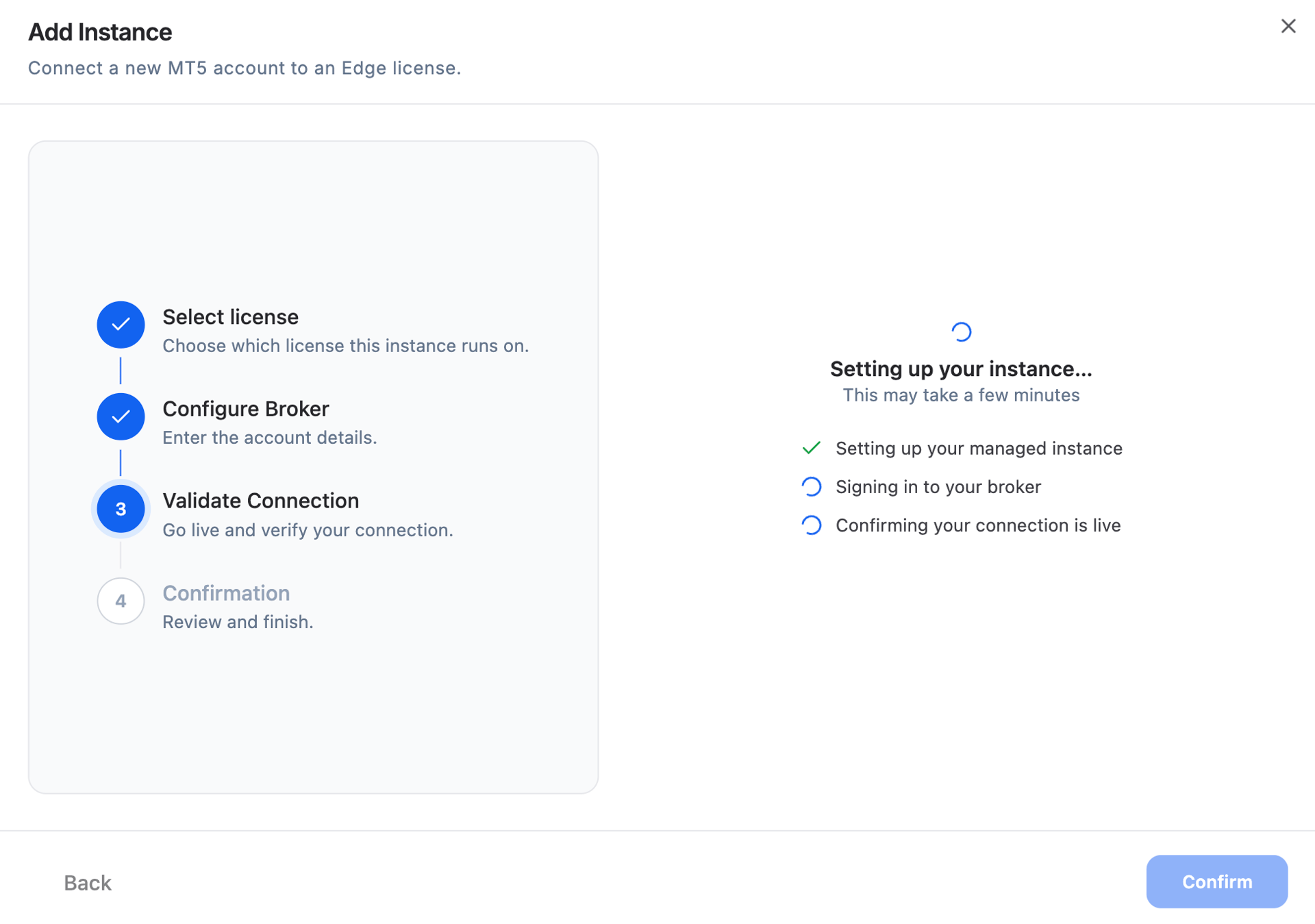 Edge progress screen showing Setting up your instance, broker sign-in and connection confirmation in progress