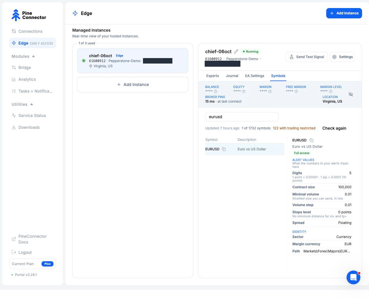 Portal navigation, demo instance and Symbols tab with eurusd search, EURUSD result and specification panel