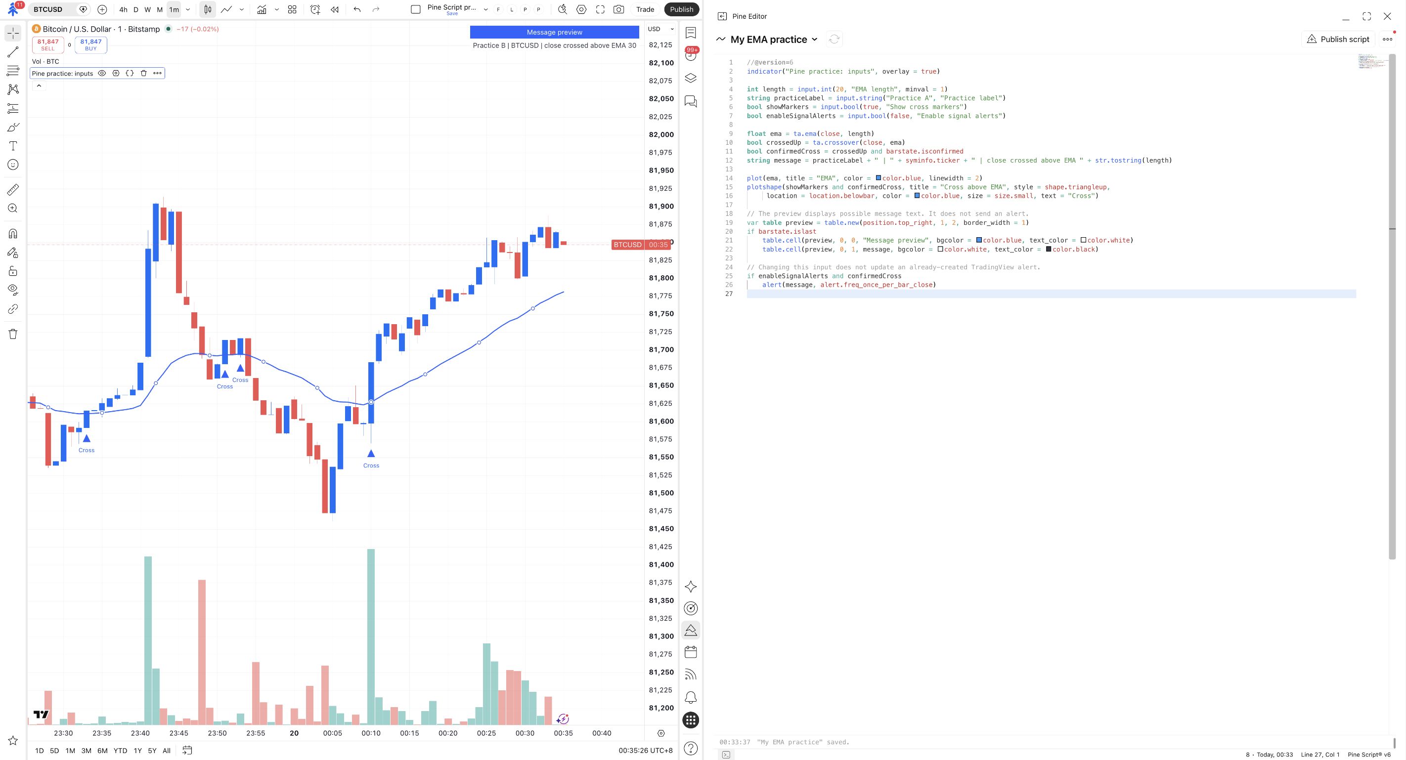On-chart message preview reads Practice B, BTCUSD and EMA 30.