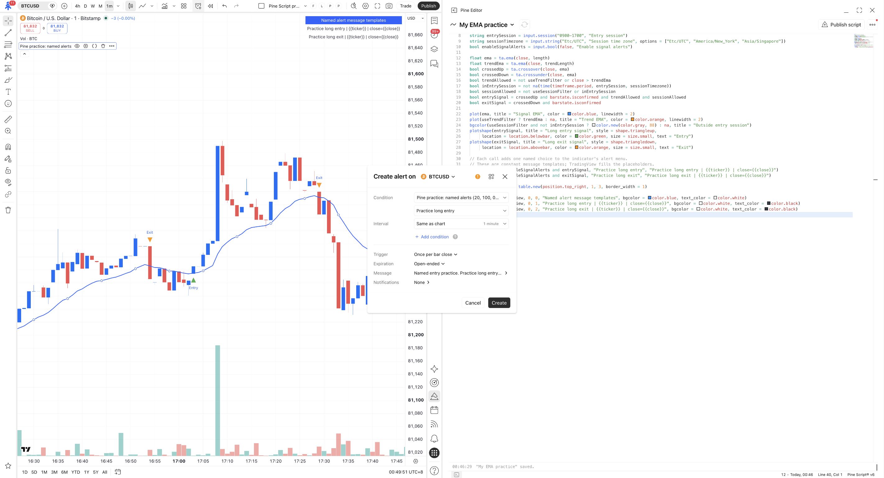 Named entry alert with Practice long entry selected, Once per bar close, Notifications None and Create.